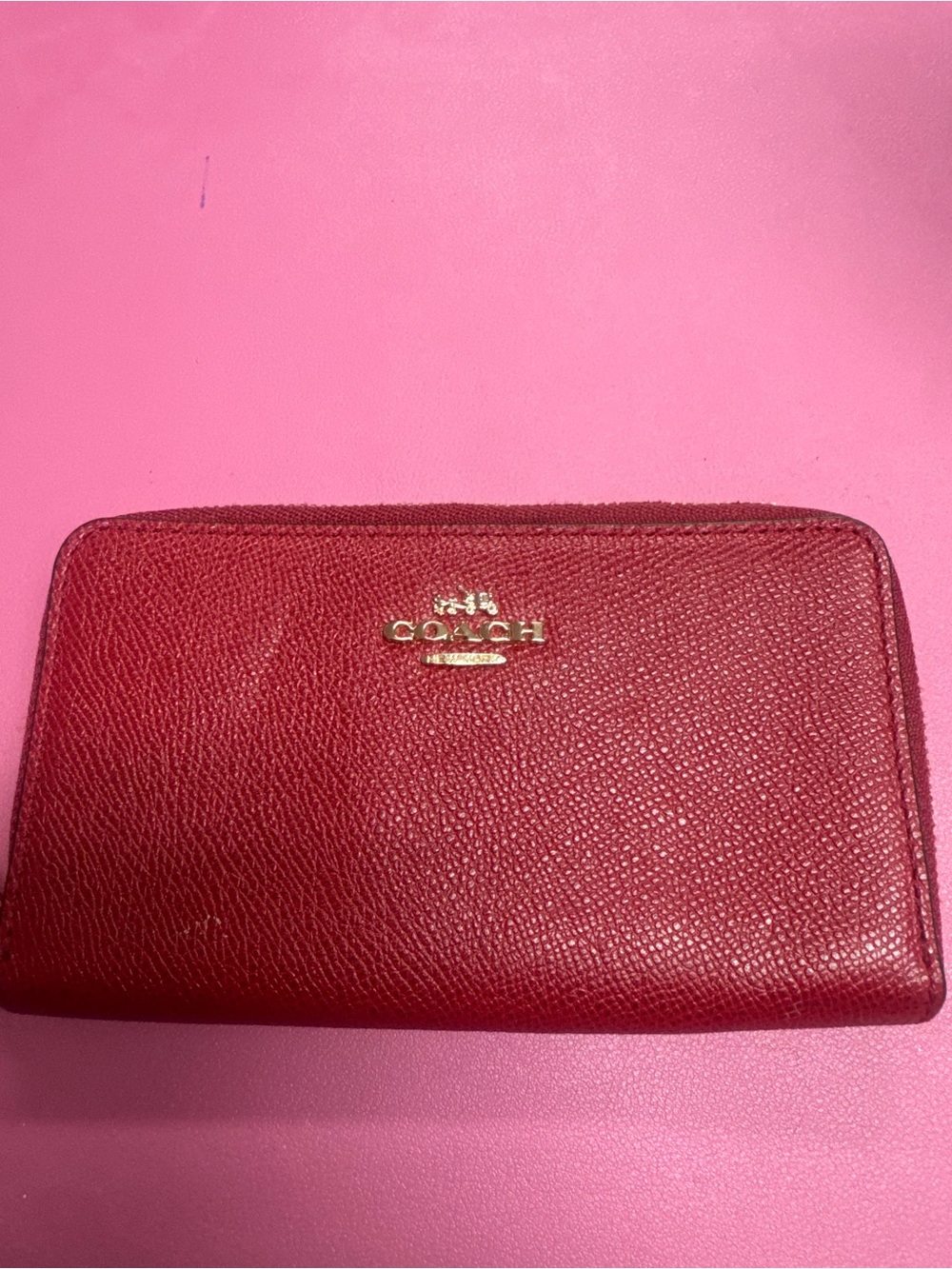 Coach Red Pebbled Zip Wallet with Gold Logo